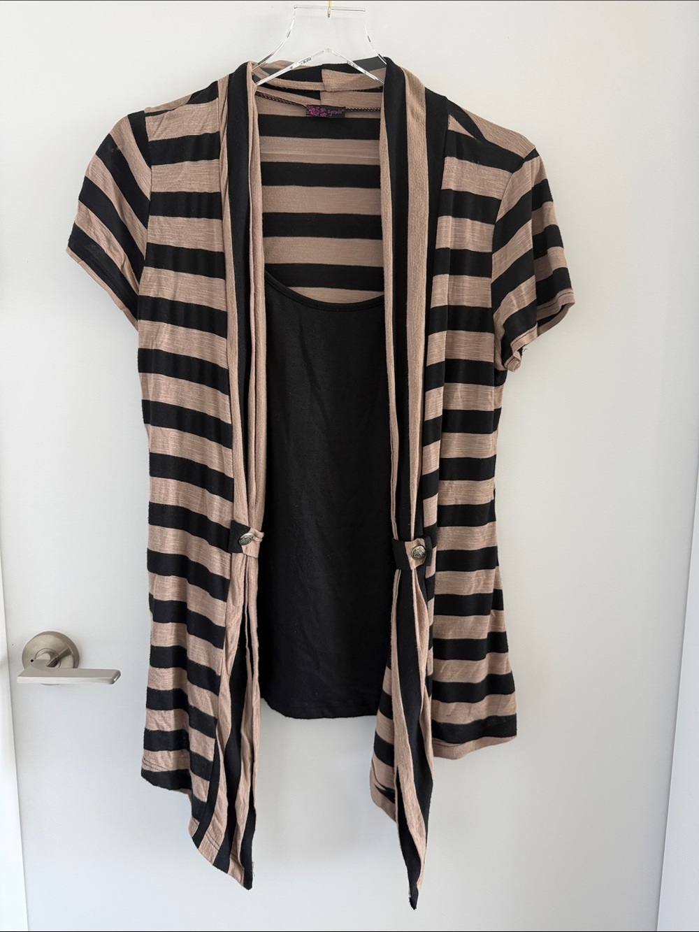Agenda - Striped Black and Tan Layered Open Cardigan Top